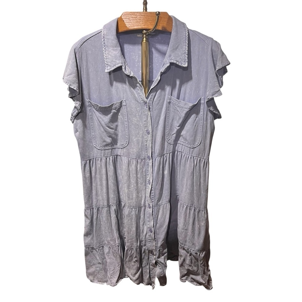 JODIFL Periwinkle Acid Wash Tiered Ruffle Sleeve Midi Dress L